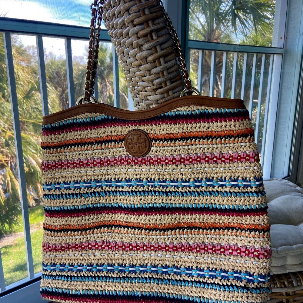 Tory Burch Multicolor Stripe Raffia and Leather Marion Tote